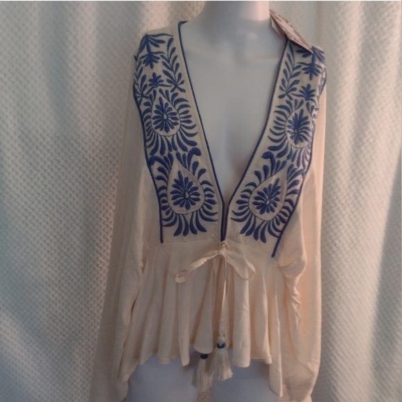 Band of the Free- Retro Boho Ecru Pheasant Blouse Embroidery- NWT- medium - Picture 1 of 13